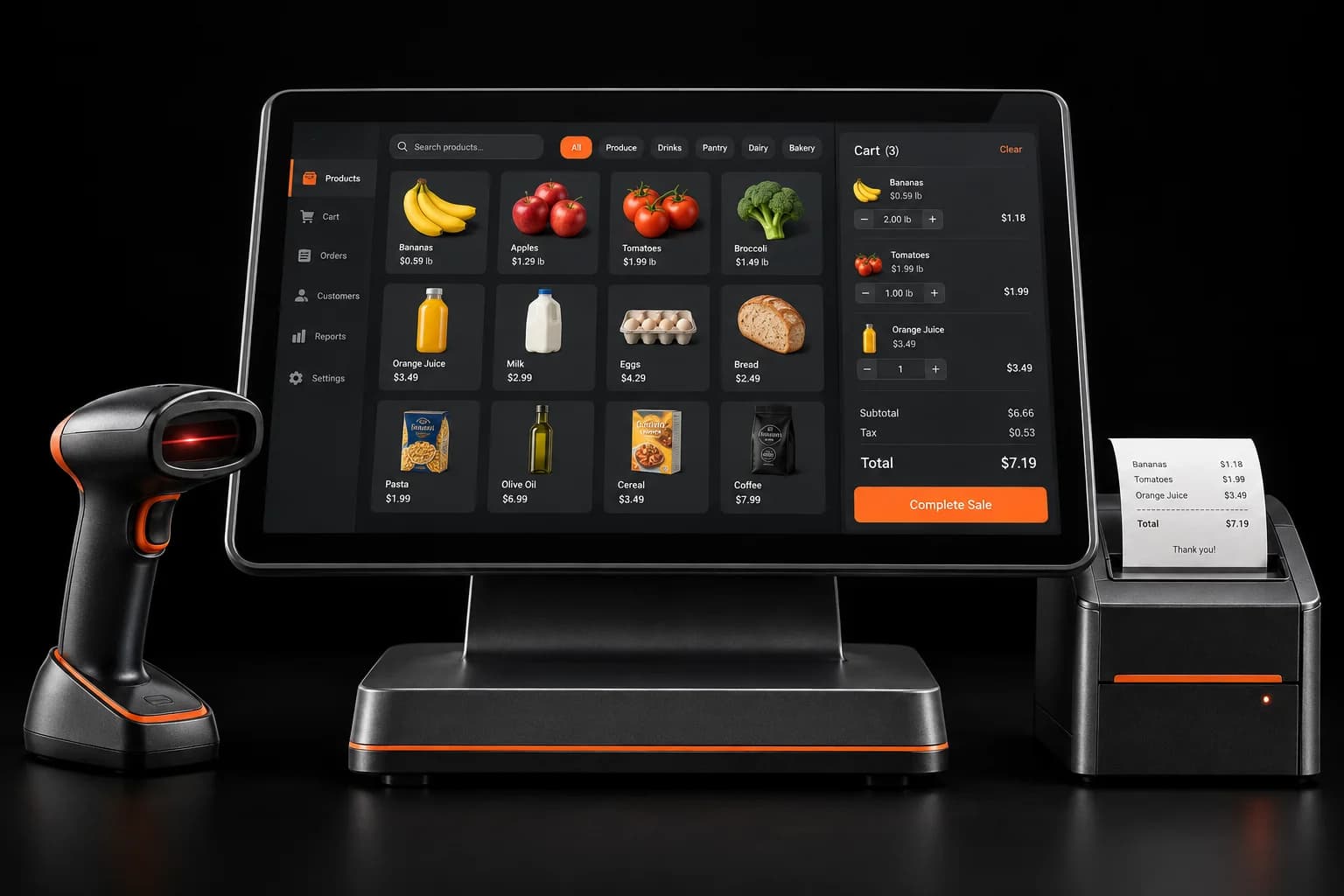Conceptual ChuruzaPOS supermarket checkout terminal with scanner and receipt printer