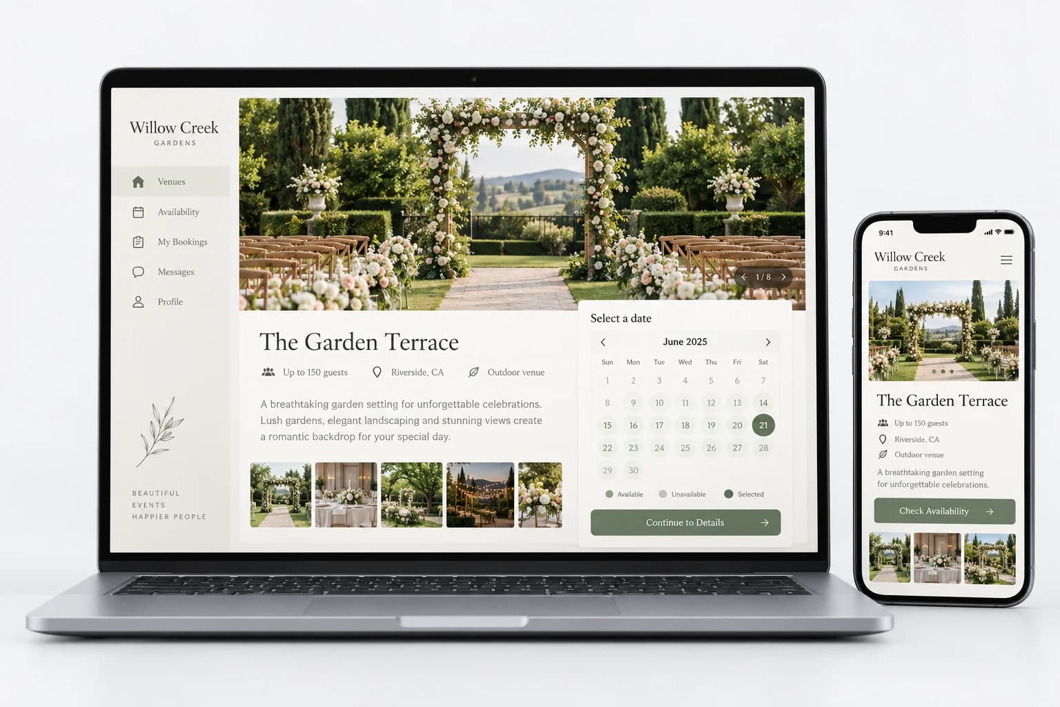 Conceptual venue booking software on a laptop and phone with a garden wedding and booking calendar