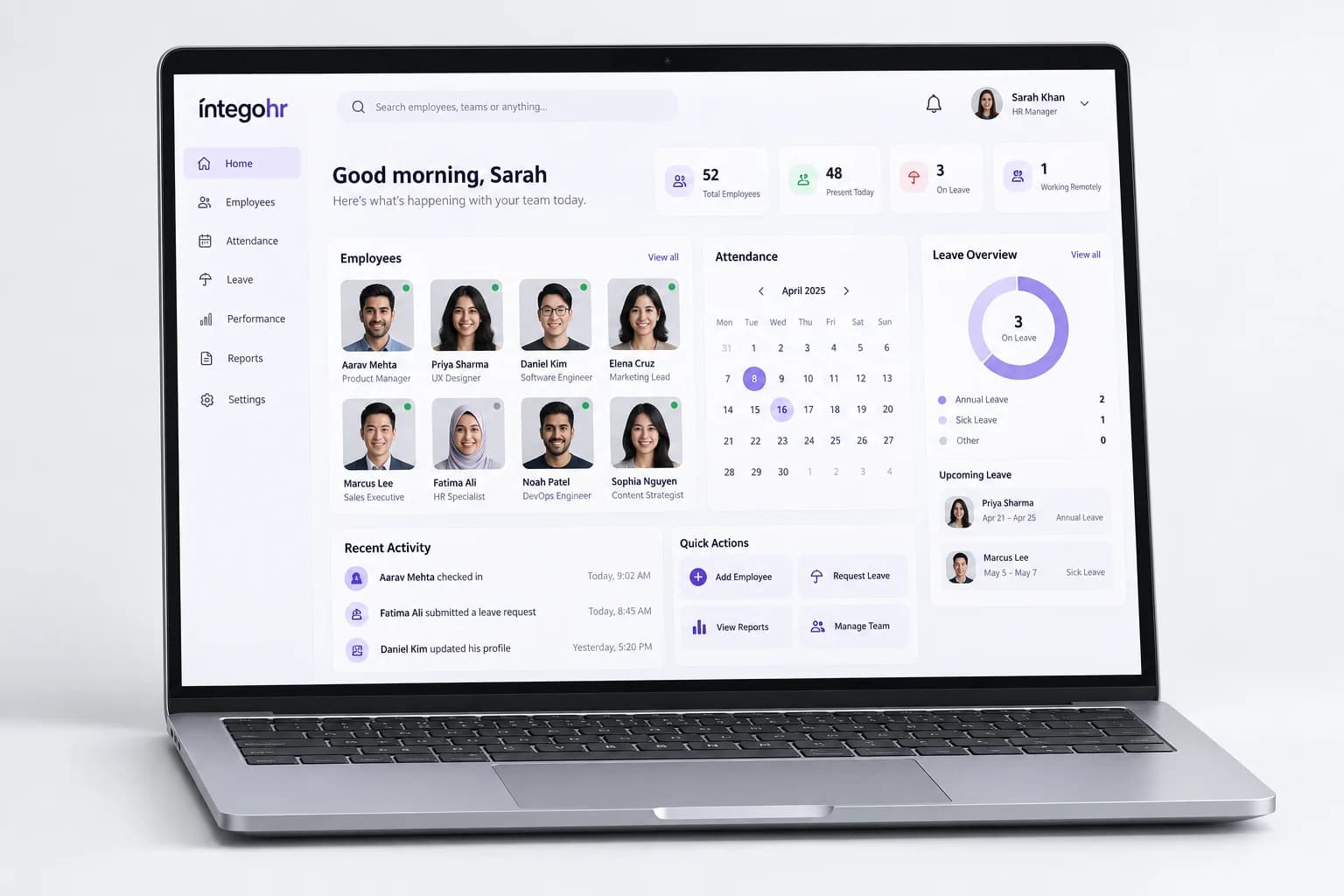 Conceptual integoHR people management dashboard on a silver laptop
