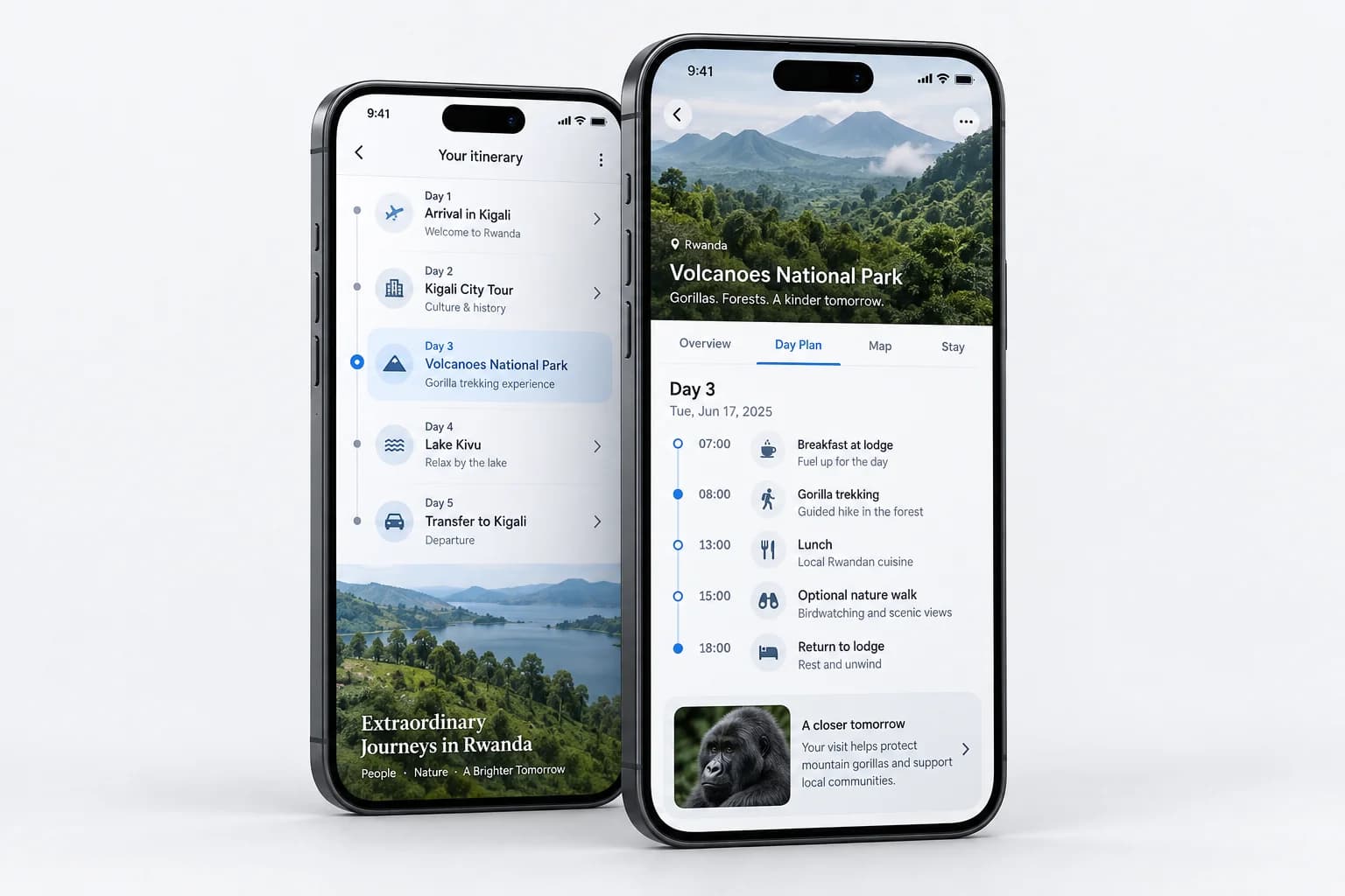 Conceptual guest itinerary app on two phones with travel plans and Rwanda scenery