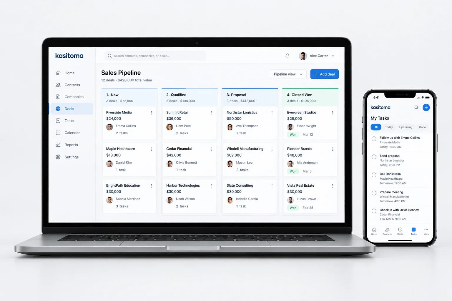 Conceptual Kasitoma CRM interface on a laptop and phone