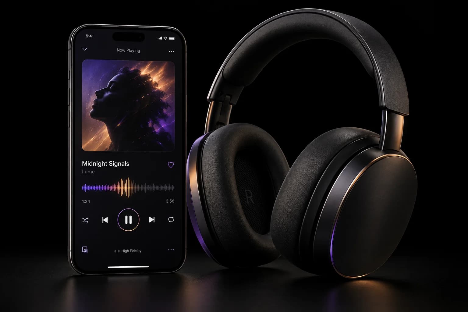 Conceptual Mousikē music player on a phone alongside premium headphones