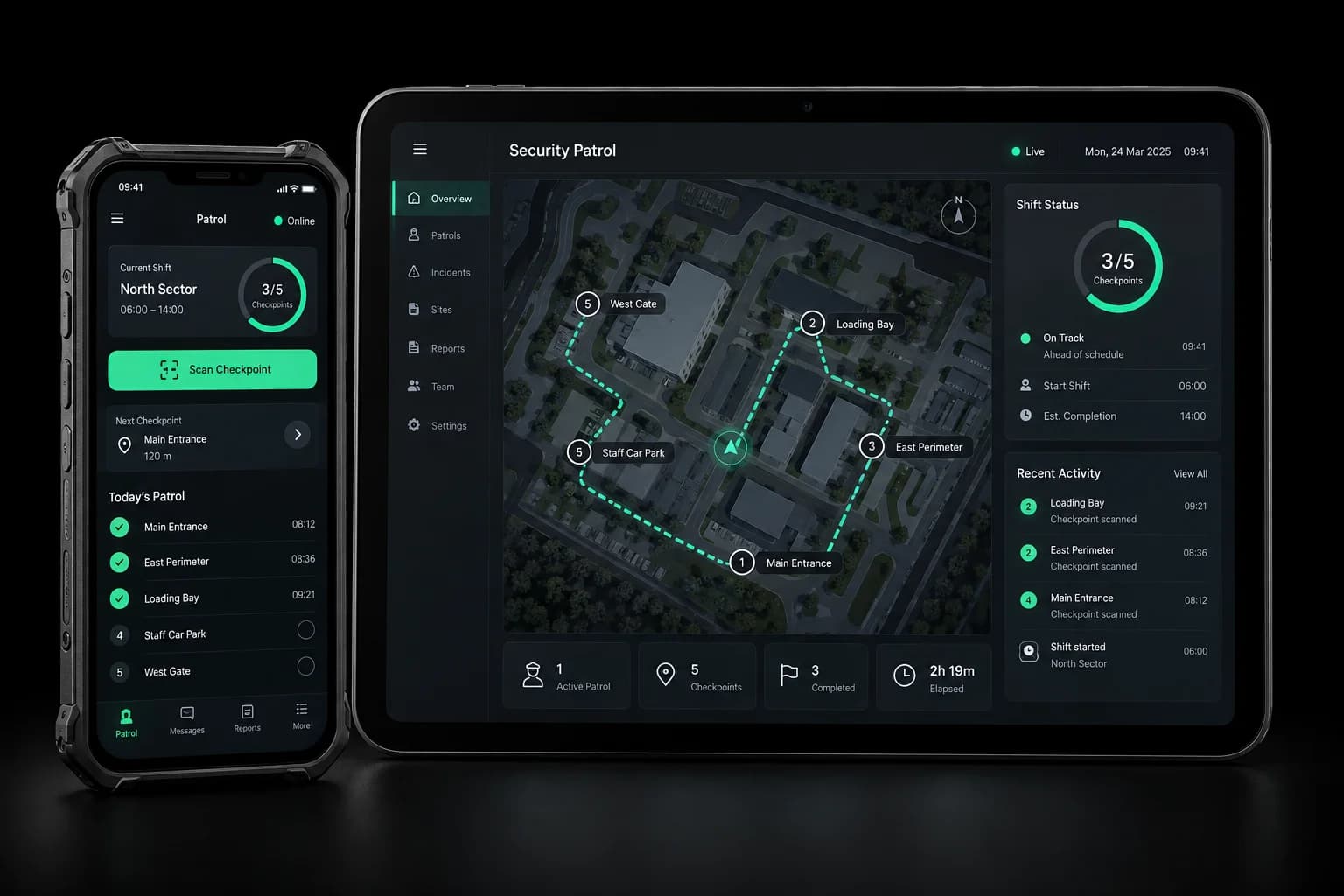 Conceptual SmartOps patrol interface on a rugged phone and tablet