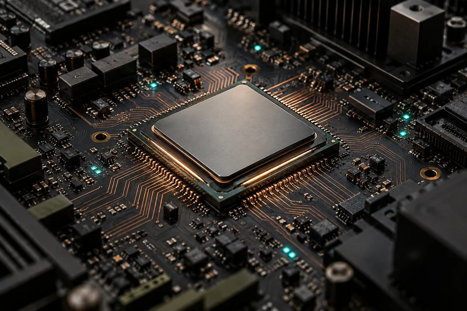 Conceptual AI processor with fine copper circuits and diagnostic lights