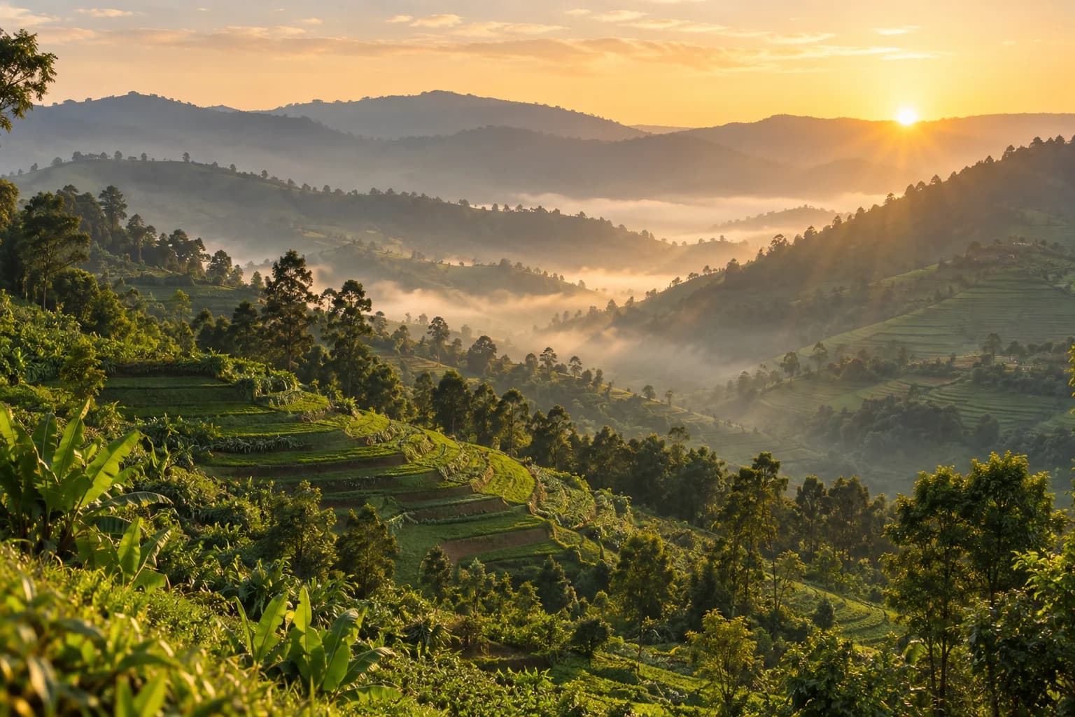 Illustrative Rwanda-inspired landscape of green terraced hills in golden morning mist
